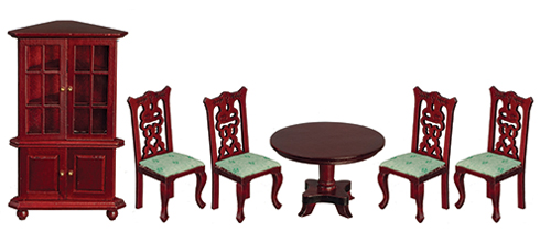 Dollhouse Miniature Dining Room Set, 6Pc, Green, Mahogany